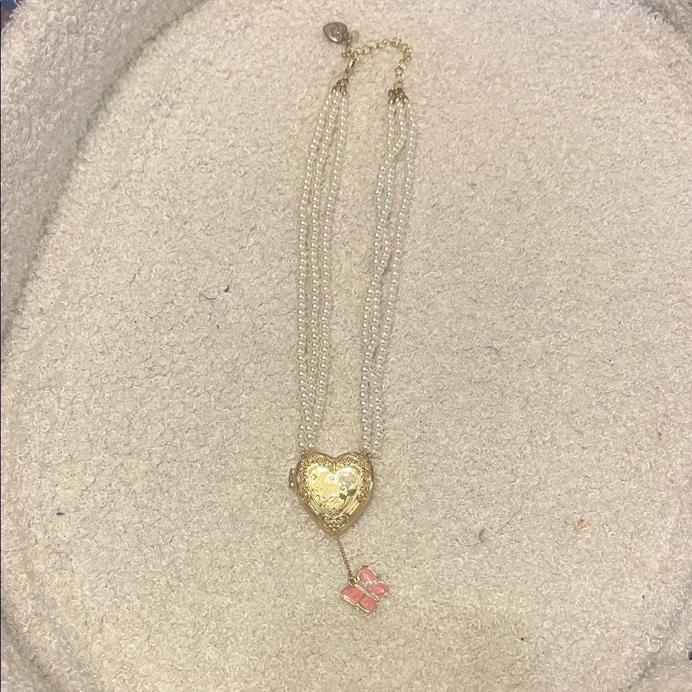 Betsey Johnson Locket Gold Heart Pendant Necklace with Pink Hidden Butterfly
